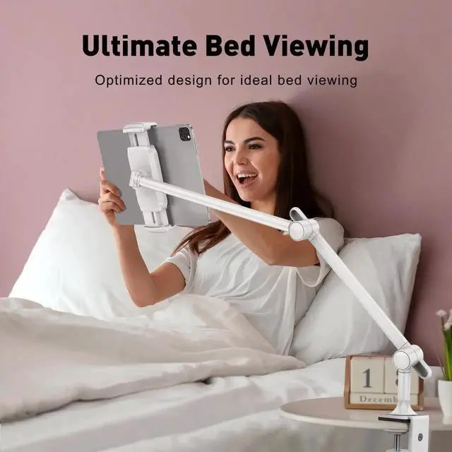 Alt view image 2 of 5 - AboveTEK Tablet Stand Holder, Aluminum iPad Holder for Desk & Bed, Adjustable iPad Arm Clamp Mount with 360° Rotation, Overhead Compatible with 4.7"-13.5" iPads Pro/Air/Mini, iPhone, Galaxy Tab- White