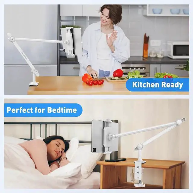 Alt view image 5 of 5 - AboveTEK Tablet Stand Holder, Aluminum iPad Holder for Desk & Bed, Adjustable iPad Arm Clamp Mount with 360° Rotation, Overhead Compatible with 4.7"-13.5" iPads Pro/Air/Mini, iPhone, Galaxy Tab- White