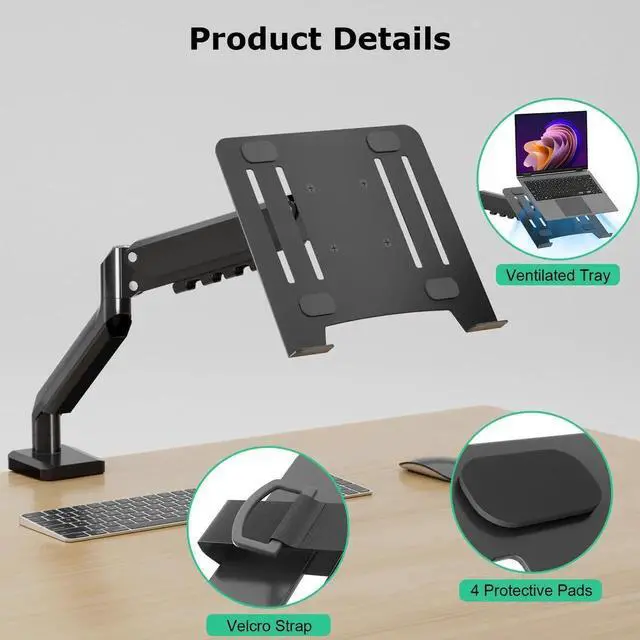 Alt view image 3 of 5 - HIPPOFLEX Laptop Desk Mount with Gas Spring Arm, 2 in 1 Laptop Monitor Stand for 12-17 inch Notebook and 13-32 inch Computer Screen, Holds 3.3-17.6lbs, with Adjustable Vented Tray, Clamp/Grommet Base