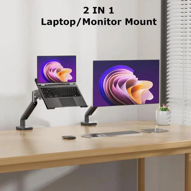 Alt view image 4 of 5 - HIPPOFLEX Laptop Desk Mount with Gas Spring Arm, 2 in 1 Laptop Monitor Stand for 12-17 inch Notebook and 13-32 inch Computer Screen, Holds 3.3-17.6lbs, with Adjustable Vented Tray, Clamp/Grommet Base