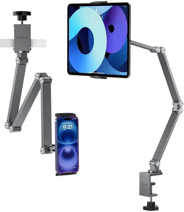 Main image of Tablet Stand iPad Phone Holder for Desk, Heavy Duty Aluminum 360° Rotating & Foldable Arm Mount Kindle Holder for Bed, Stand for iPad, Kindle, Portable Monitor, Samsung Galaxy Tab, Grey (Max 15.6")