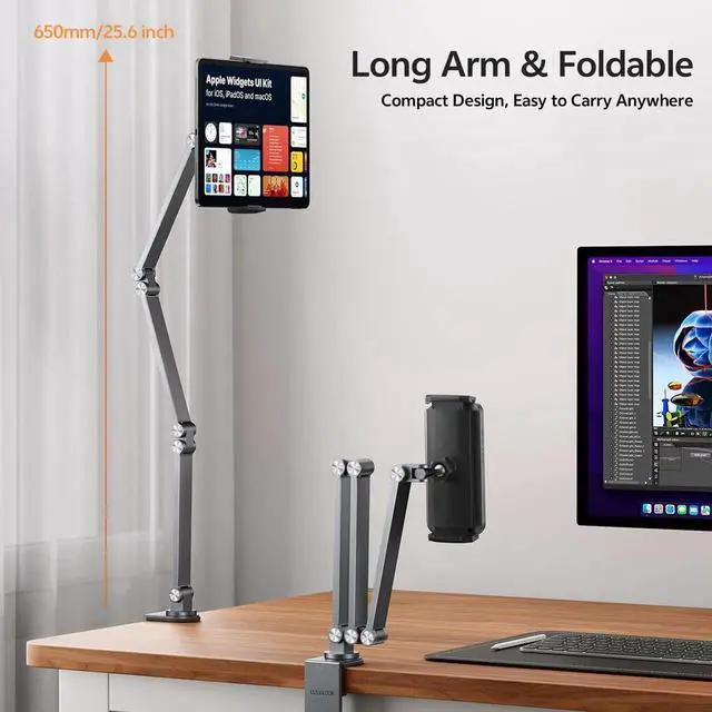Alt view image 2 of 5 - Tablet Stand iPad Phone Holder for Desk, Heavy Duty Aluminum 360° Rotating & Foldable Arm Mount Kindle Holder for Bed, Stand for iPad, Kindle, Portable Monitor, Samsung Galaxy Tab, Grey (Max 15.6")