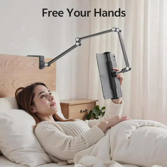 Alt view image 4 of 5 - Tablet Stand iPad Phone Holder for Desk, Heavy Duty Aluminum 360° Rotating & Foldable Arm Mount Kindle Holder for Bed, Stand for iPad, Kindle, Portable Monitor, Samsung Galaxy Tab, Grey (Max 15.6")