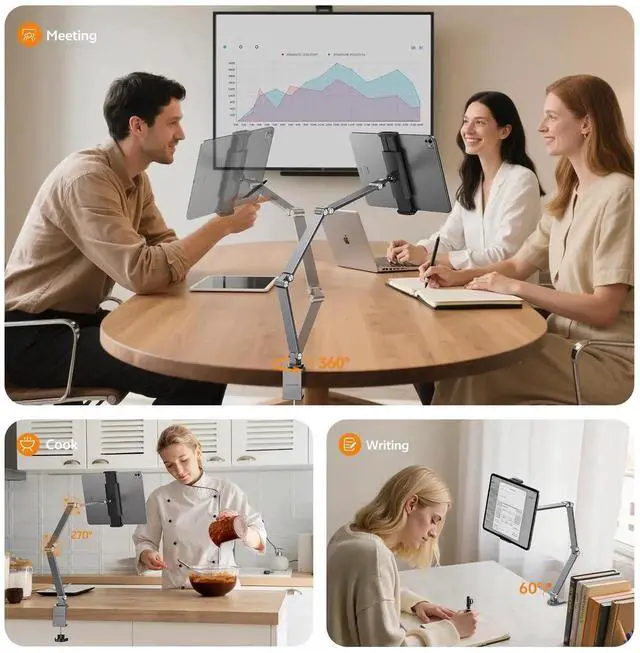 Alt view image 3 of 5 - Tablet Stand iPad Phone Holder for Desk, Heavy Duty Aluminum 360° Rotating & Foldable Arm Mount Kindle Holder for Bed, Stand for iPad, Kindle, Portable Monitor, Samsung Galaxy Tab, Grey (Max 15.6")