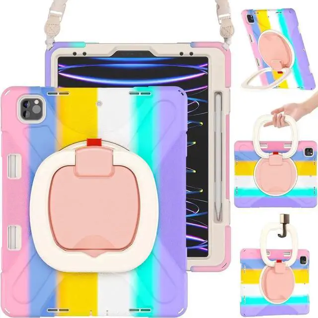 Main image of BRAECN for iPad Air 13 Inch Case M3 2025/ M2 2024 & iPad Pro 12.9 Case (6th/5th4th/3rd Gen), Heavy Duty Silicone Cover w/ 360 Swivel Ring Stand/Kickstand/Shoulder Strap/Pencil Holder, Colorful Pink
