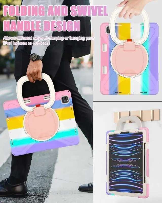 Alt view image 3 of 5 - BRAECN for iPad Air 13 Inch Case M3 2025/ M2 2024 & iPad Pro 12.9 Case (6th/5th4th/3rd Gen), Heavy Duty Silicone Cover w/ 360 Swivel Ring Stand/Kickstand/Shoulder Strap/Pencil Holder, Colorful Pink