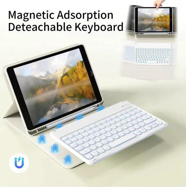 Alt view image 5 of 5 - Aoub Keyboard Case for iPad 9th/8th/7th Generation 10.2 inch, 7 Colors Backlit, Stand Folio Detachable Wireless Bluetooth Keyboard Cover Soft TPU Back Case for iPad 10.2 2021/2020/2019 - White