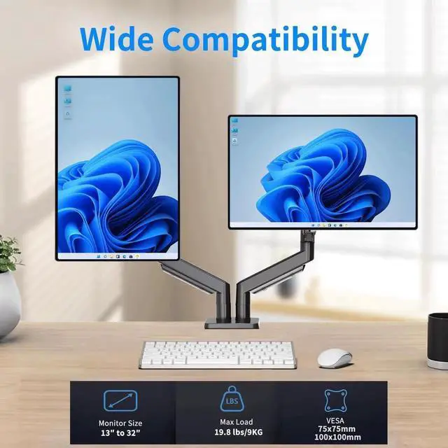 Alt view image 3 of 5 - Dual Monitor Stand for 13 to 32 inch Screens, Gas Spring Monitor Arm with Swivel, Tilt, Rotation, Height Adjustable, Desk Mount with C-Clamp and Grommet Base, Each Arm Holds 4.4 to 19.8lbs Screen