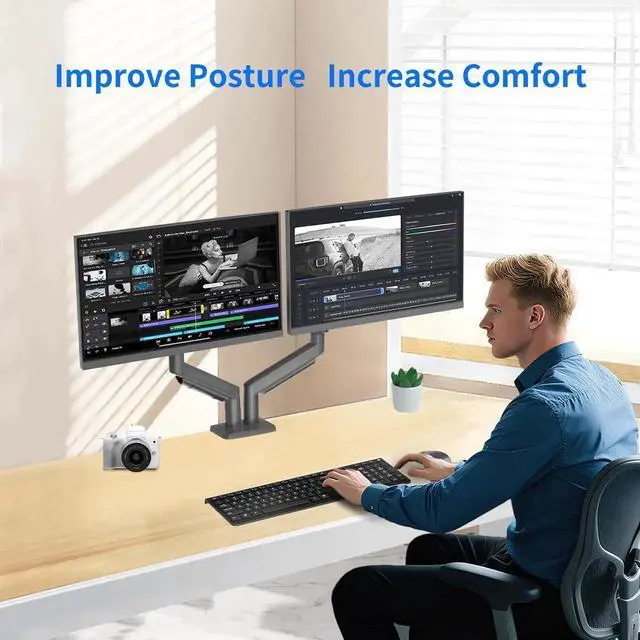 Alt view image 2 of 5 - Dual Monitor Stand for 13 to 32 inch Screens, Gas Spring Monitor Arm with Swivel, Tilt, Rotation, Height Adjustable, Desk Mount with C-Clamp and Grommet Base, Each Arm Holds 4.4 to 19.8lbs Screen
