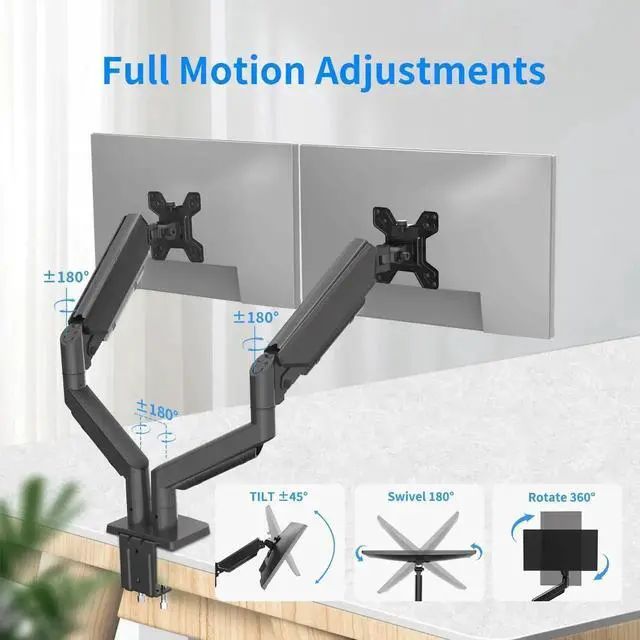 Alt view image 4 of 5 - Dual Monitor Stand for 13 to 32 inch Screens, Gas Spring Monitor Arm with Swivel, Tilt, Rotation, Height Adjustable, Desk Mount with C-Clamp and Grommet Base, Each Arm Holds 4.4 to 19.8lbs Screen