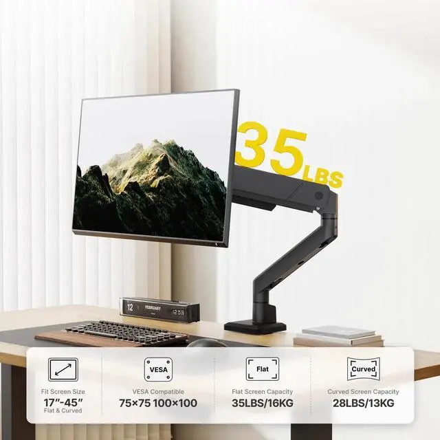 Alt view image 5 of 5 - monTEK Single Monitor Arm for Max 45 Inch Ultrawide Screens Adjustable Monitor Desk Mount Holds 35 Lbs Cable Management with Clamp/Grommet Desk Mount, VESA 75/100mm, MA1007BK