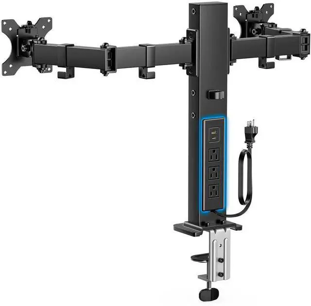 Main image of HUANUO Dual Monitor Stand with Power Outlet, Full Motion Double Monitor Stand with Adjustable Height, Supports 13-32 Displays up to 22 lbs, USB Ports and Stronger Pole, Desk Clamp and Grommet Mount