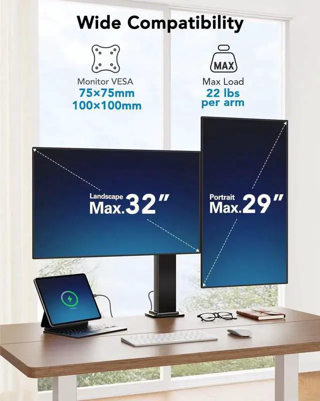 Alt view image 2 of 5 - HUANUO Dual Monitor Stand with Power Outlet, Full Motion Double Monitor Stand with Adjustable Height, Supports 13-32 Displays up to 22 lbs, USB Ports and Stronger Pole, Desk Clamp and Grommet Mount