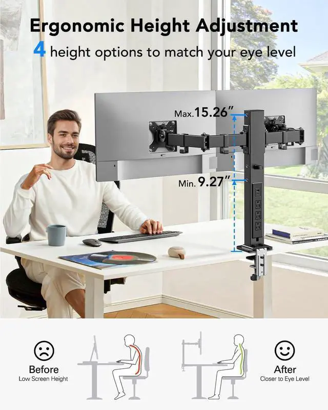 Alt view image 5 of 5 - HUANUO Dual Monitor Stand with Power Outlet, Full Motion Double Monitor Stand with Adjustable Height, Supports 13-32 Displays up to 22 lbs, USB Ports and Stronger Pole, Desk Clamp and Grommet Mount