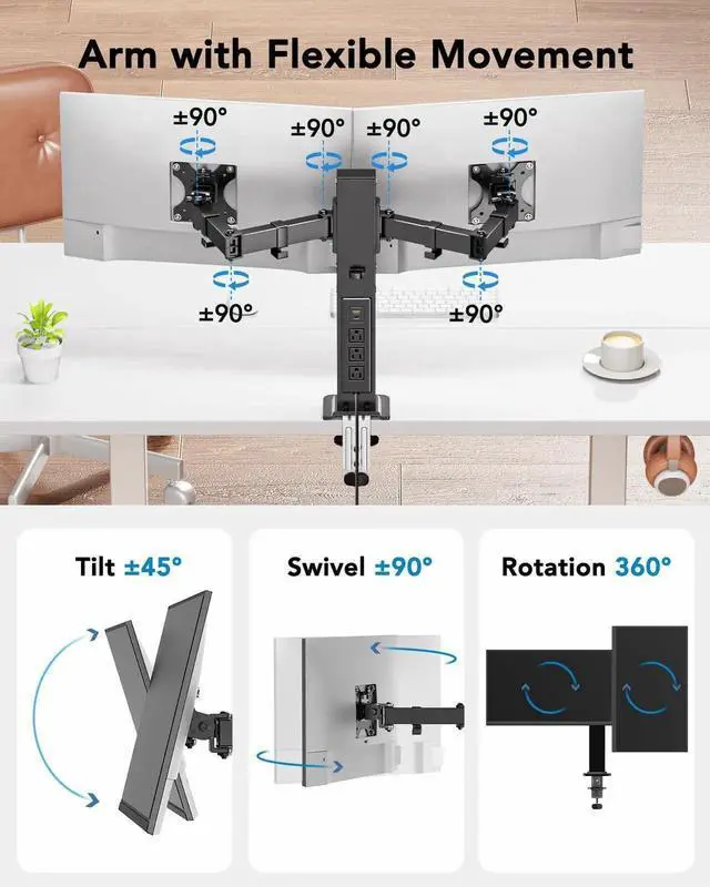Alt view image 3 of 5 - HUANUO Dual Monitor Stand with Power Outlet, Full Motion Double Monitor Stand with Adjustable Height, Supports 13-32 Displays up to 22 lbs, USB Ports and Stronger Pole, Desk Clamp and Grommet Mount