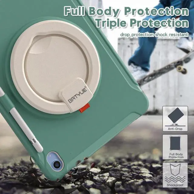 Alt view image 4 of 5 - BATYUE Case for iPad (A16) 11th/10th Generation 10.9'' inch 2025/2022, Rugged Protective Shockproof Cover for Kids Girls with Screen Protector, 360° Rotating Stand, Pencil Holder, Emerald Green