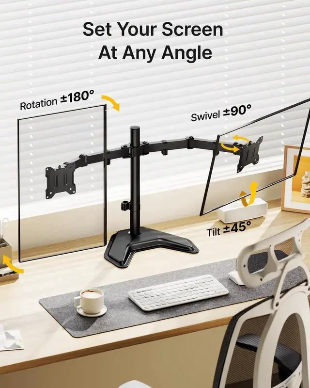 Alt view image 2 of 5 - monTEK Stable Freestanding Dual Monitor Stand for 1732 Computer Screens, Heavy-Duty Desk Mount with 22 lbs per Arm, Fully Adjustable Brackets and Arms, Solid V-Shaped Base, VESA 100×100mm Max