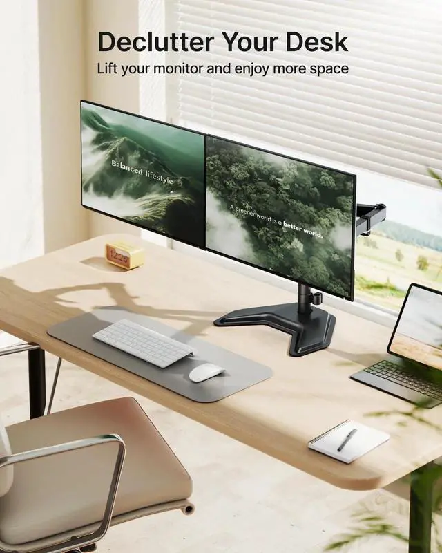 Alt view image 4 of 5 - monTEK Stable Freestanding Dual Monitor Stand for 1732 Computer Screens, Heavy-Duty Desk Mount with 22 lbs per Arm, Fully Adjustable Brackets and Arms, Solid V-Shaped Base, VESA 100×100mm Max