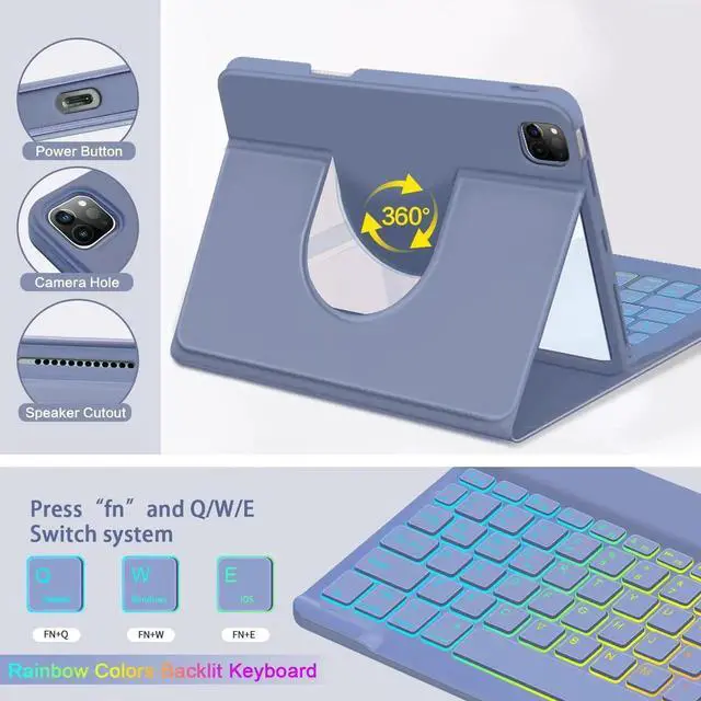 Alt view image 2 of 5 - VOWUBO Keyboard Case for iPad Air 11-inch 2025,Magic Detachable Rotating Case for iPad Air 6th/5th/4th Gen Keyboard, iPad Pro 11 inch Case with Keyboard Wireless Backlit, Built-in Pen Holder, Purple