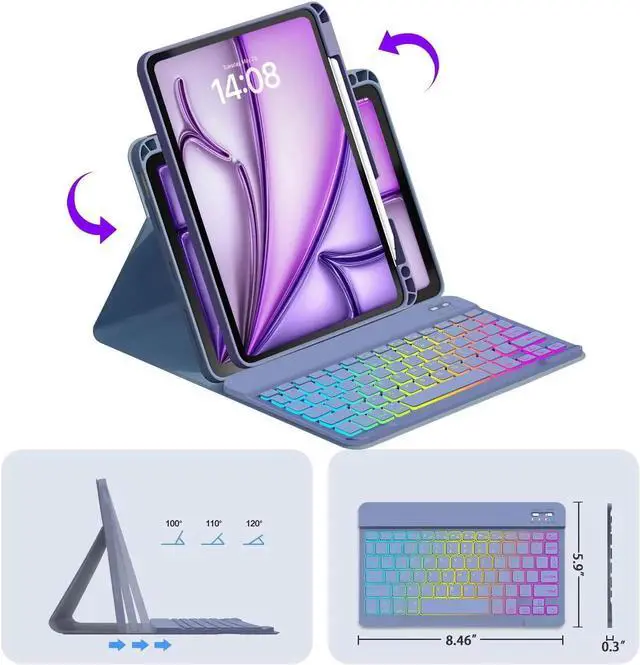 Alt view image 3 of 5 - VOWUBO Keyboard Case for iPad Air 11-inch 2025,Magic Detachable Rotating Case for iPad Air 6th/5th/4th Gen Keyboard, iPad Pro 11 inch Case with Keyboard Wireless Backlit, Built-in Pen Holder, Purple