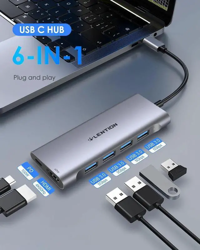 Alt view image 4 of 5 - LENTION USB C Hub with 4K HDMI Output(4K@60Hz), 4 USB 3.0, Type C Charging Dongle Compatible 2023-2016 MacBook Pro, New Mac Air, Steamdeck, Type C Devices, Stable Driver Adapter (CB-C35sH, Space Gray)