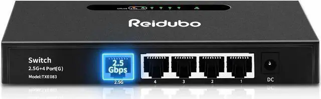 Main image of Reidubo 2.5G Uplink Ethernet Splitter, 2.5Gb Uplink Port & 4×1000Mbps Ethernet Port, Home Multi-Gigabit Network Hub Switch, Unmanaged Plug & Play, Metal Case, Desktop/Wall-Mount