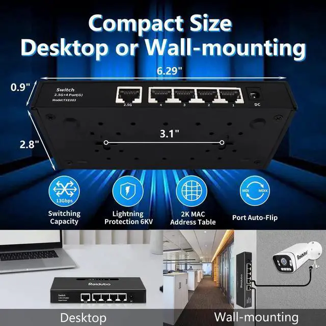 Alt view image 5 of 5 - Reidubo 2.5G Uplink Ethernet Splitter, 2.5Gb Uplink Port & 4×1000Mbps Ethernet Port, Home Multi-Gigabit Network Hub Switch, Unmanaged Plug & Play, Metal Case, Desktop/Wall-Mount