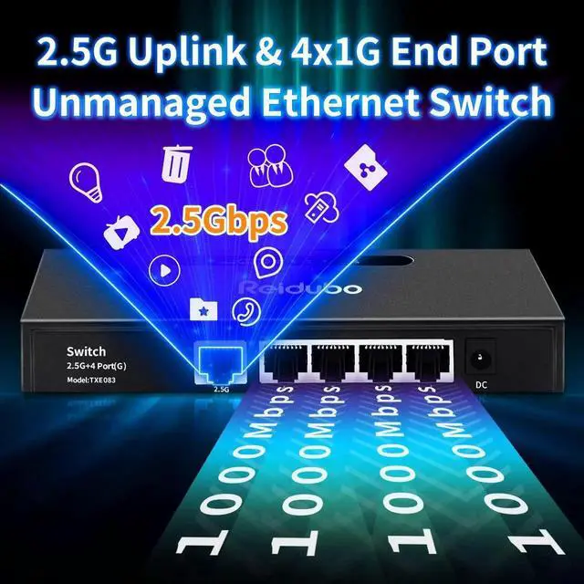 Alt view image 2 of 5 - Reidubo 2.5G Uplink Ethernet Splitter, 2.5Gb Uplink Port & 4×1000Mbps Ethernet Port, Home Multi-Gigabit Network Hub Switch, Unmanaged Plug & Play, Metal Case, Desktop/Wall-Mount