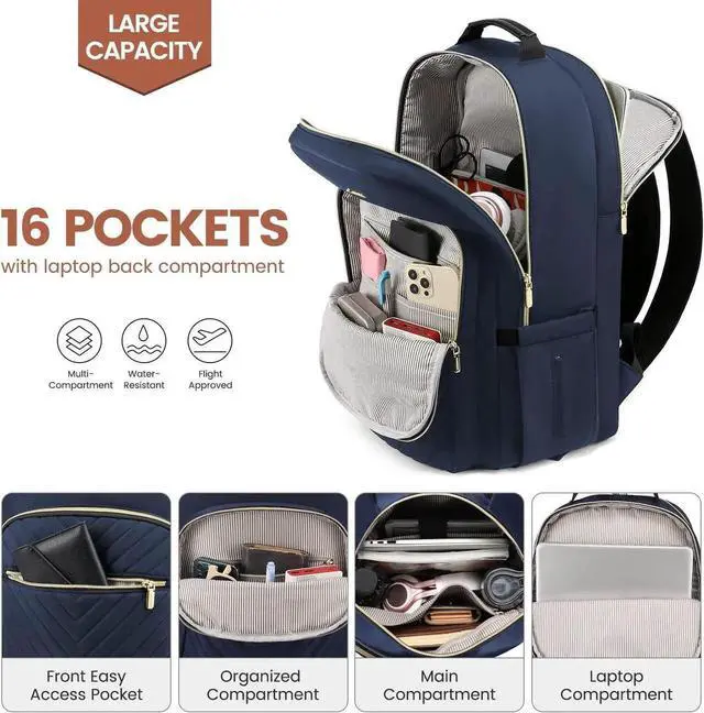 Alt view image 4 of 5 - LOVEVOOK Laptop Backpack for Women 15.6 inch,Cute Womens Travel Backpack Purse,Professional Laptop Computer Bag,Waterproof Work Business College Teacher Bags Carry on Backpack with USB Port,Navy Blue