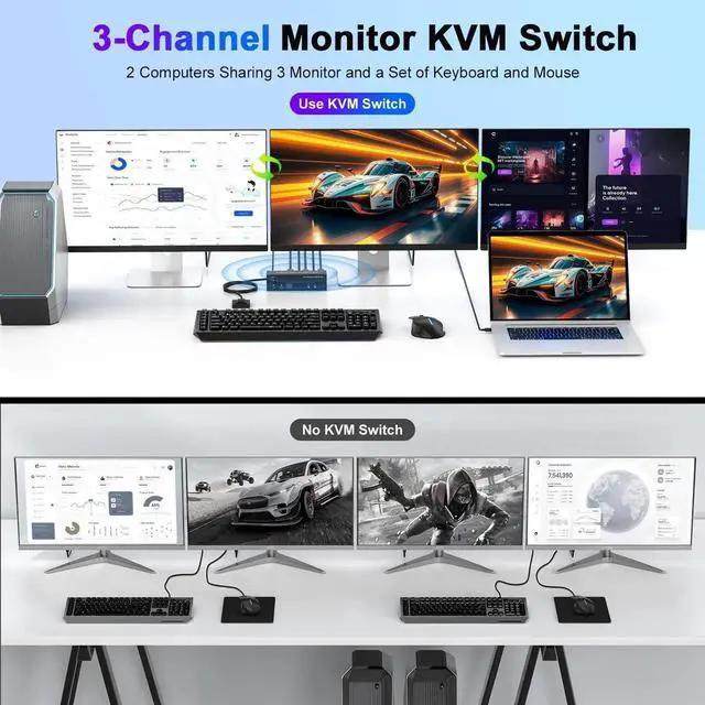 Alt view image 4 of 5 - 4K KVM Switch 3 Monitors 2 Computers Triple Monitor Displayport and 2 HDMI USB 3.0 KVM Switches 4K@60Hz,Support Extended/Mirror Mode Share 3 USB 3.0 Ports with Desktop Controller, Adapter Included