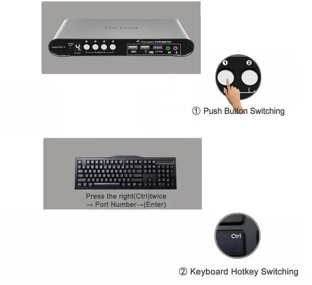 Alt view image 3 of 5 - Terived 4 Computers 1 DP Monitor Automatic KVM Switch 4K@144Hz 8K30Hz with Complete Cable Set, Hotkey Switching, Support Audio Microphone and USB Hub, Aluminum Alloy Shell, Digital Display, HDR10
