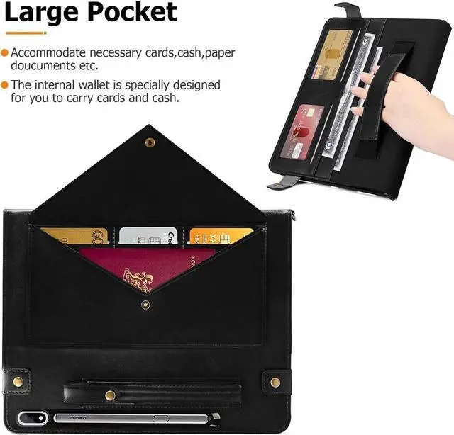 Alt view image 4 of 5 - Dteck Galaxy Tab S10/S9/S8 Case, PU Leather Folio Stand Protective Cover with S Pen Holder, Card Slots, Shoulder Strap, Wallet Bag Case, Black