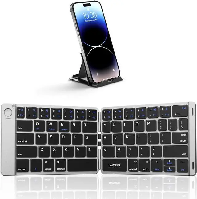 Main image of Samsers Foldable Bluetooth Keyboard - Portable Wireless Keyboard with Stand Holder, Rechargeable Full Size Ultra Slim Folding Keyboards Compatible IOS Android Windows Smartphone Tablet & Laptop-Silver