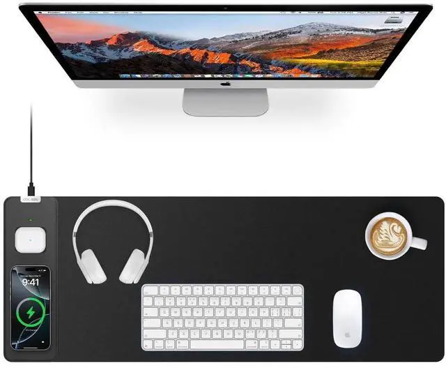 Main image of Magnetic Wireless Charging Mouse Pad, 27.5"x11.8" Gaming Desk Mat with Superior Stitched Edges, Non-Slip Base, Waterproof Smooth Desk Writing Pad for Gamer, Office & Home, Black