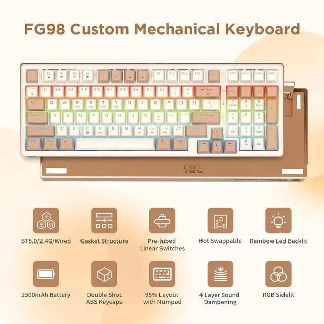 Alt view image 2 of 5 - HUO JI 96% Wireless Mechanical Keyboard, Hot Swappable, Pre-lubed Blue Switches, Gasket Structure, Bluetooth/2.4GHz/USB-C, Led Backlit Sidelit, Custom Gaming Keyboard for PC (Peach)
