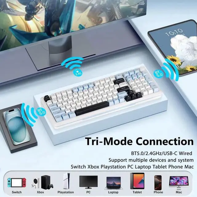 Alt view image 4 of 5 - E-YOOSO Wireless Mechanical Keyboard, Creamy Sound, Bluetooth/2.4GHz/USB-C Hot Swappable Custom Gaming Keyboard, Pre-lubed Linear Switches, RGB Backlit, Knob Control for PC/Tablet/PS/Xbox