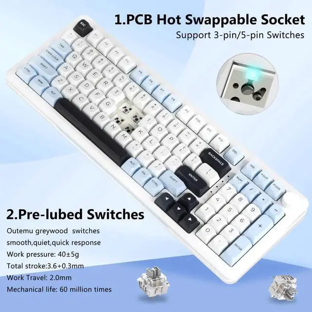Alt view image 5 of 5 - E-YOOSO Wireless Mechanical Keyboard, Creamy Sound, Bluetooth/2.4GHz/USB-C Hot Swappable Custom Gaming Keyboard, Pre-lubed Linear Switches, RGB Backlit, Knob Control for PC/Tablet/PS/Xbox