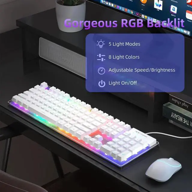 Alt view image 3 of 5 - MageGee V550 Wireless Gaming Keyboard and Mouse, 2.4G Full-Sized RGB LED Computer Keyboards with Transparent Shell, Rechargeable Quiet Cordless Mouse & Keyboard Combo for Laptop/PC/Desktop (White)