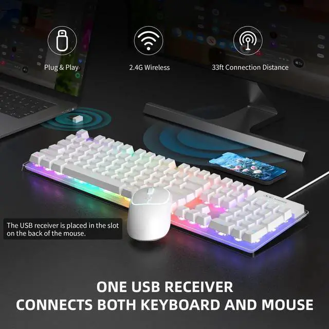 Alt view image 5 of 5 - MageGee V550 Wireless Gaming Keyboard and Mouse, 2.4G Full-Sized RGB LED Computer Keyboards with Transparent Shell, Rechargeable Quiet Cordless Mouse & Keyboard Combo for Laptop/PC/Desktop (White)