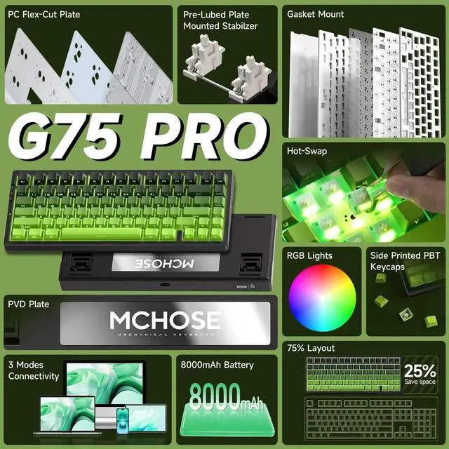 Alt view image 3 of 5 - MCHOSE G75 PRO 75% Wireless Mechanical Keyboard, TKL Keyboards Tri-Mode BT5.0/2.4GHz/USB-C, Hot Swap Custom Creamy Keyboards Linear Switch, Double Shot PBT Keycaps RGB LED Backlit, Black&Green