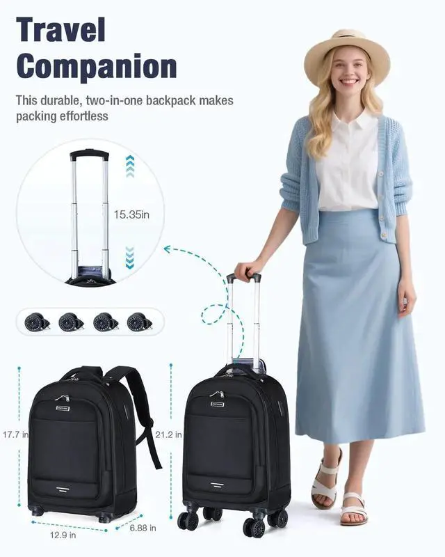 Alt view image 4 of 5 - Ponhog Rolling Backpack with 4 Wheels, 15.6 Inch Travel Laptop Backpack for Women Men, Water Resistant Roller with USB Charging Port, Airline Approved Wheeled Work Bag, Black