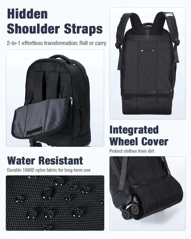 Alt view image 5 of 5 - Ponhog Rolling Backpack with 4 Wheels, 15.6 Inch Travel Laptop Backpack for Women Men, Water Resistant Roller with USB Charging Port, Airline Approved Wheeled Work Bag, Black