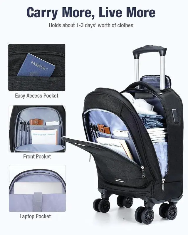 Alt view image 3 of 5 - Ponhog Rolling Backpack with 4 Wheels, 15.6 Inch Travel Laptop Backpack for Women Men, Water Resistant Roller with USB Charging Port, Airline Approved Wheeled Work Bag, Black