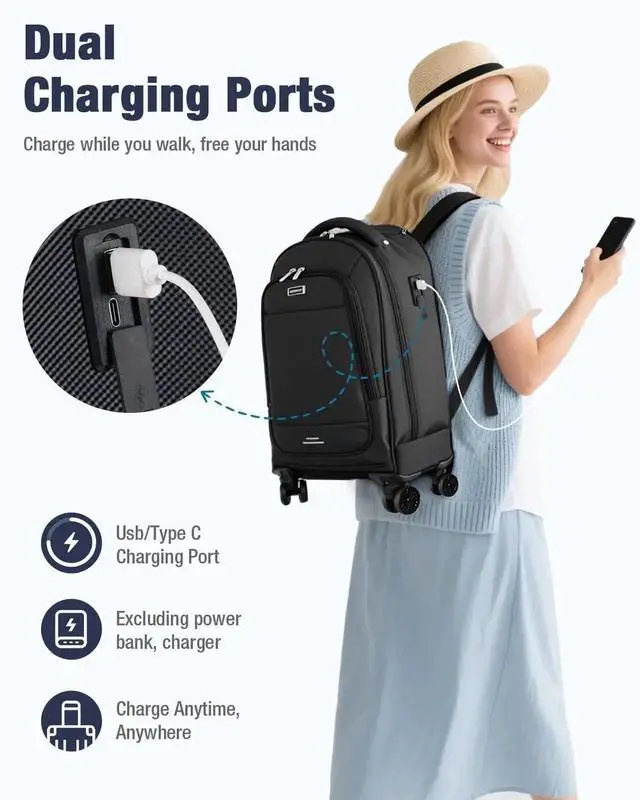 Alt view image 2 of 5 - Ponhog Rolling Backpack with 4 Wheels, 15.6 Inch Travel Laptop Backpack for Women Men, Water Resistant Roller with USB Charging Port, Airline Approved Wheeled Work Bag, Black