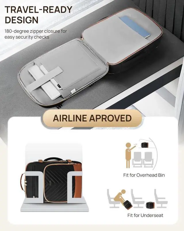 Alt view image 4 of 5 - Telena Travel Backpack for Women, 17.3 inch Laptop TSA Carry On Personal Item Size Flight Approved Travel Bag Daypack with Multi-Pockets for Work, Travel, Business, Black-Brown