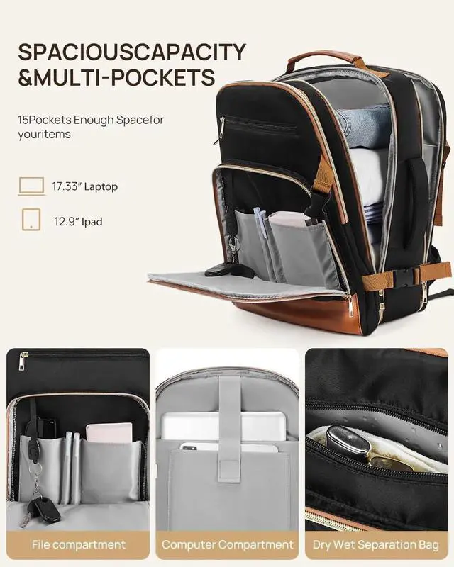 Alt view image 2 of 5 - Telena Travel Backpack for Women, 17.3 inch Laptop TSA Carry On Personal Item Size Flight Approved Travel Bag Daypack with Multi-Pockets for Work, Travel, Business, Black-Brown