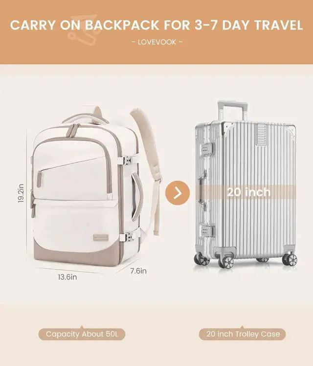 Alt view image 4 of 5 - LOVEVOOK Travel Backpack for Women & Men, 50L Carry on Backpack Airline Approved, Large TSA Personal Item Travel Bag fits 17.3" Laptop, Business Weekender Bag for Essentials, 4Pcs