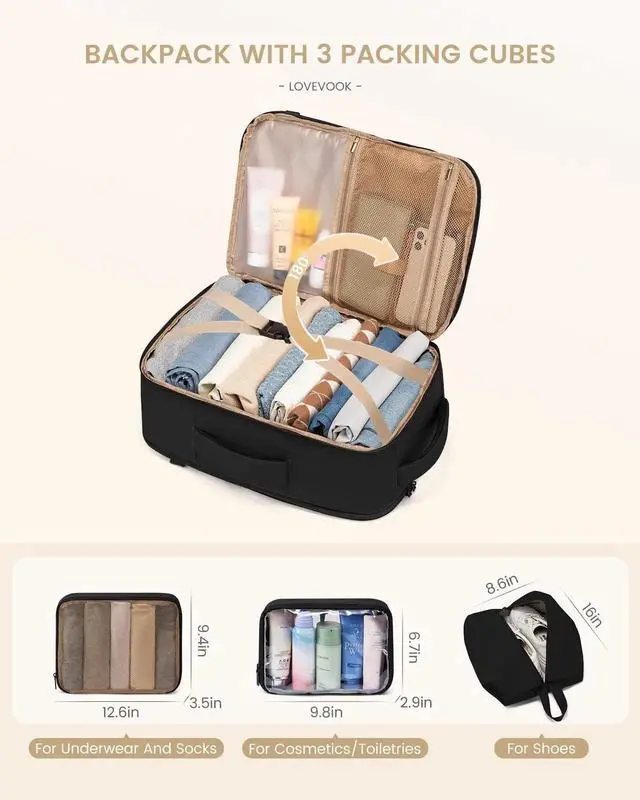 Alt view image 3 of 5 - LOVEVOOK Travel Backpack for Women & Men, 40L Large Carry On Backpack Airline Approved, TSA Personal Item Weekender Bag, Water Resistant Laptop Backpack with 3 Packing Cubes for Travel Essentials