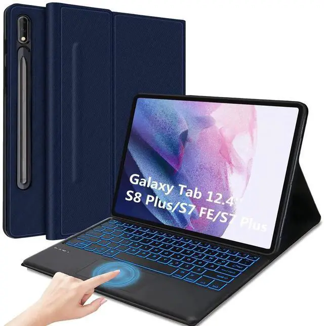 Main image of Keyboard Case for Galaxy Tab S8 Plus 12.4"- Smart Trackpad - 7 Colors Backlight- Magnetic Detachable Keyboard with S Pen Holder- Protective Stand Cover for Tab S7 FE 2021 & S8 Plus 2022 - Drak Blue