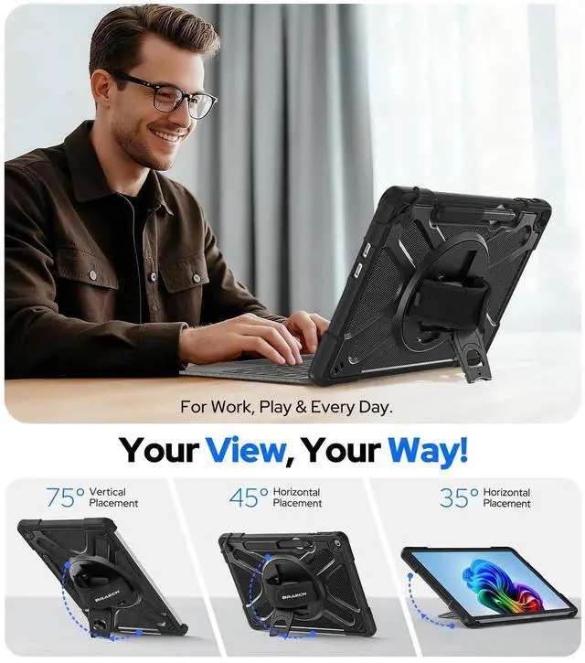 Alt view image 3 of 5 - BRAECNstock Case for Microsoft Surface Pro 12 inch 1st Edition 2025, Rugged Protective with Rotating Hand Strap & Stand, Shoulder Strap, Pencil Holder, Compatible with Type Cover Keyboard, Black